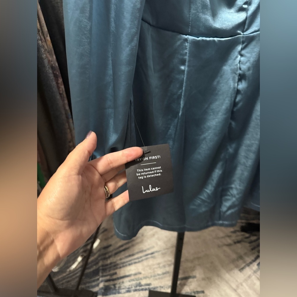Lulu's Elegant Long Sleeve Satin Dress in Blue - Picture 10 of 10